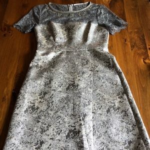 Silver Lace Tahari Dress with beaded Neckline